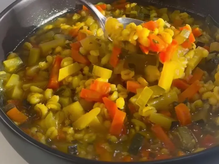 Vegetable and pearl barley stew in a bowl